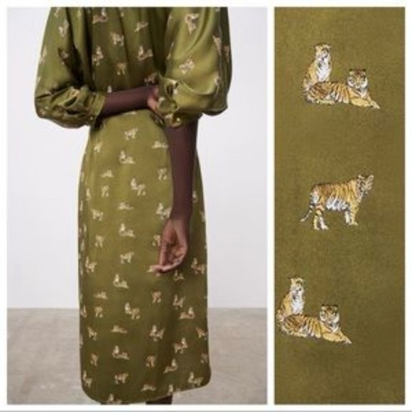 Zara Novelty Tiger Print Button Down Midi Shirt Dress EUC Size Large - Picture 13 of 14